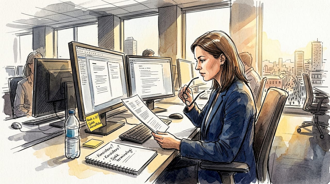 En kvinne sitter i åpent kontorlandskap og sammenligner ulike finanspapirer.