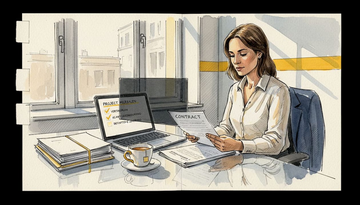 Een professional zit aan zijn bureau en loopt zorgvuldig een checklist voor dataveiligheid na.