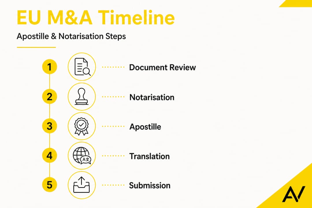 Infographic of EU M\&A notarisation timeline steps