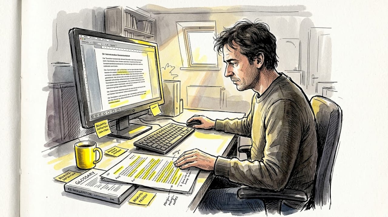 Ein Fachübersetzer sitzt am Schreibtisch und gleicht den Text sorgfältig mit dem firmeneigenen Glossar ab.