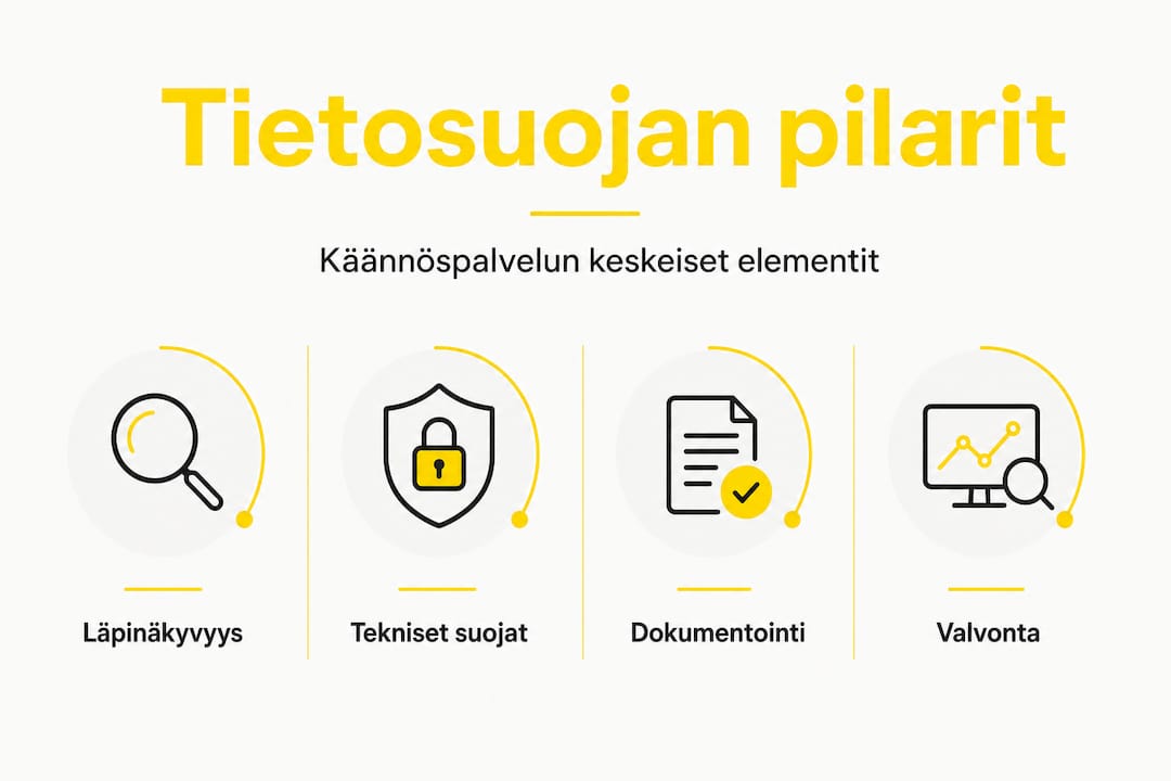 Infografiikka luotettavan ja tietoturvallisen käännöspalvelun kulmakivistä
