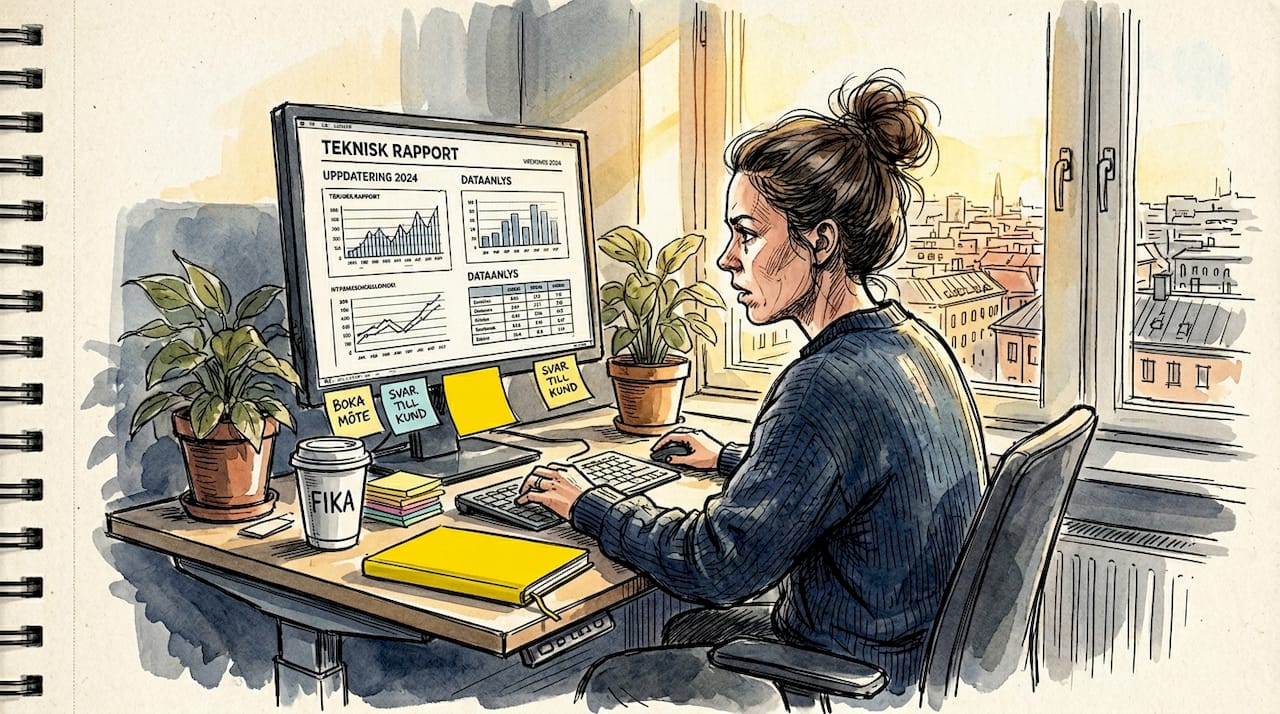 En kvinna sitter vid sitt skrivbord i ett ljust hörnkontor och går noggrant igenom en rapport.