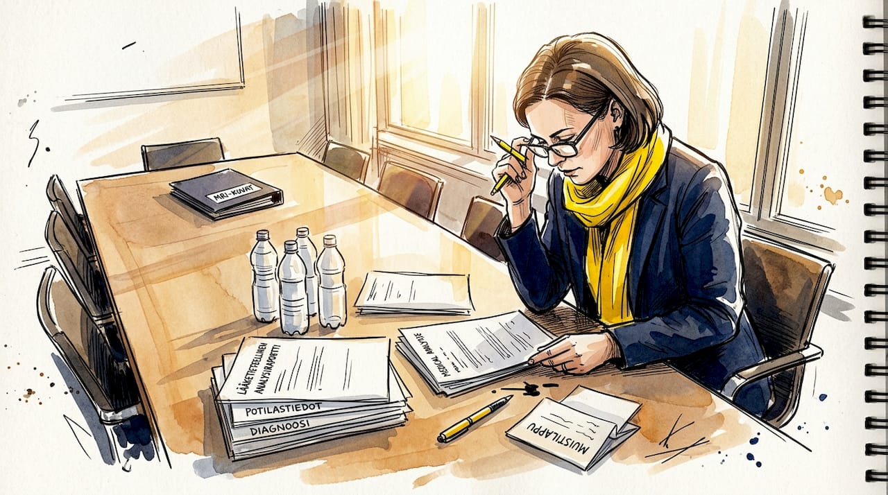 Kääntäjä käy läpi lääketieteellistä raporttia työpöydän ääressä.