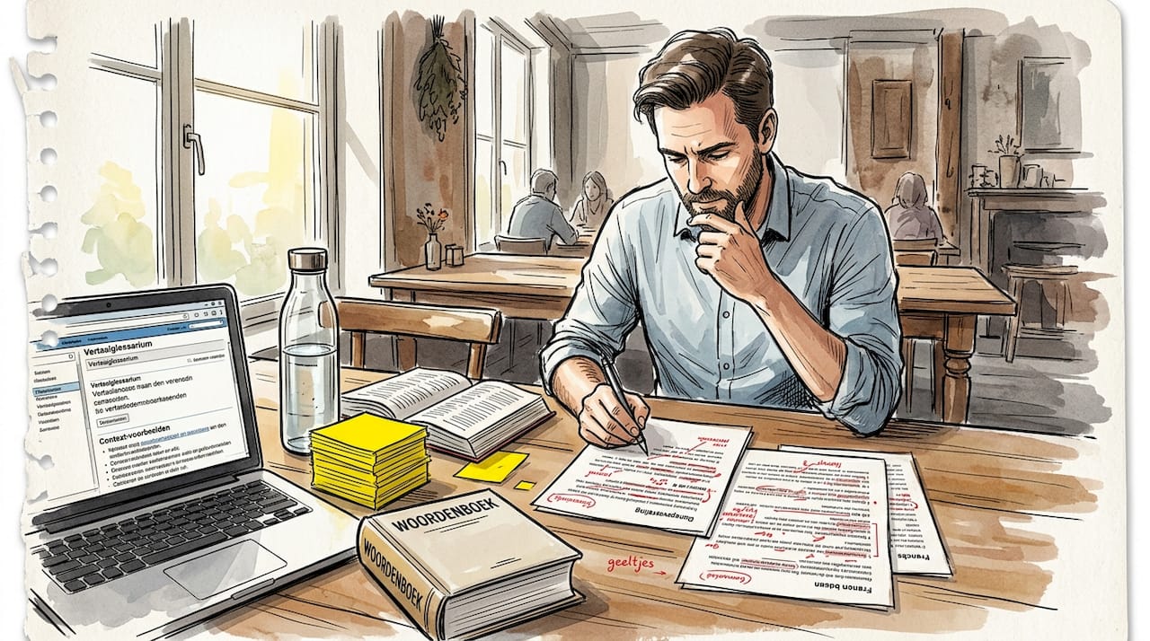 De vertaler checkt de gebruikte vaktermen met de documenten die hij thuis heeft liggen.