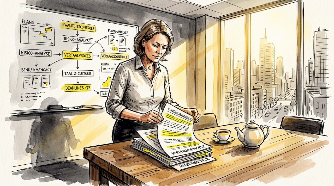 De compliance manager neemt aan zijn bureau de vertaalde contracten nauwkeurig door.