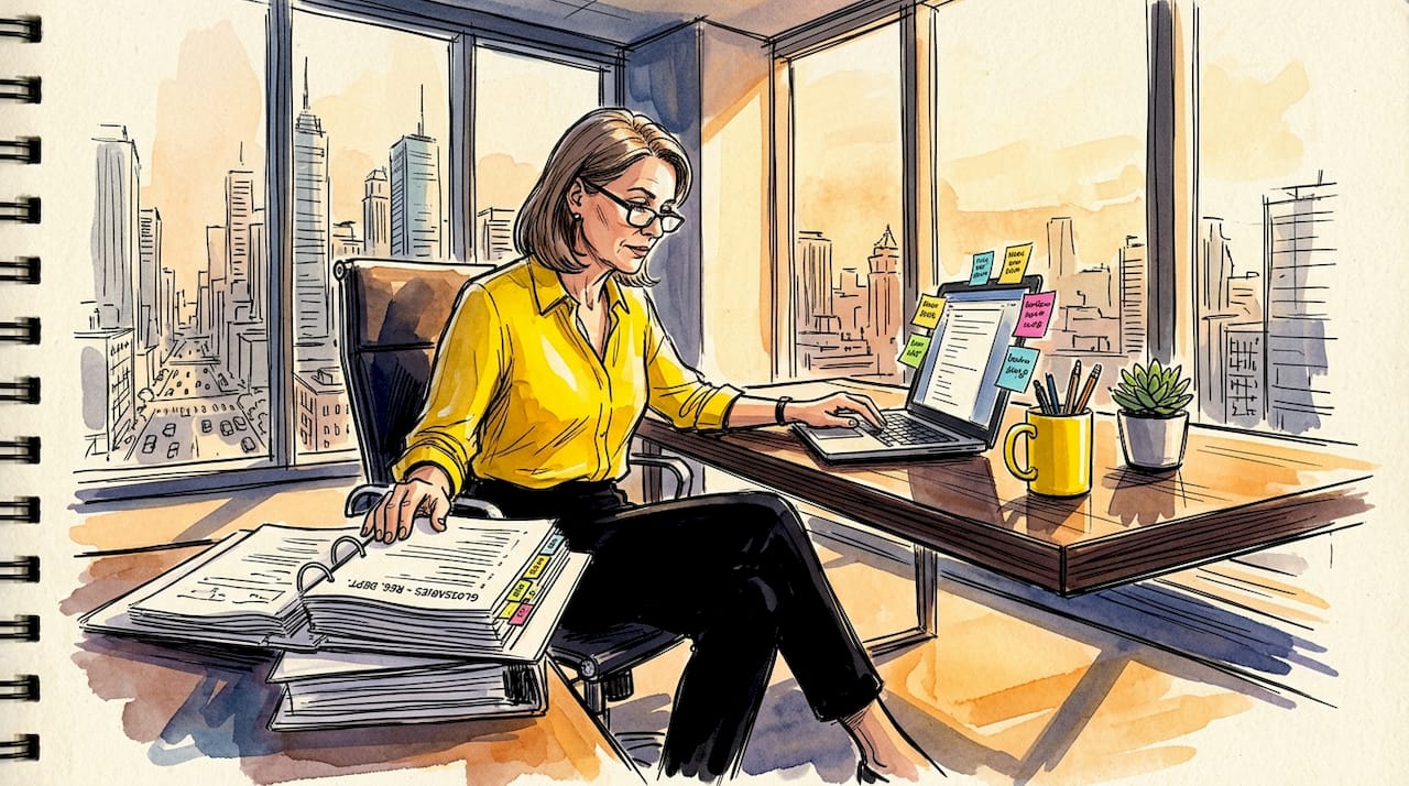 Translator entering glossaries in bright office