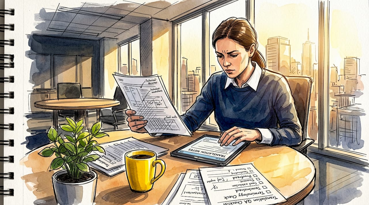 Translator reviewing document at corner office desk