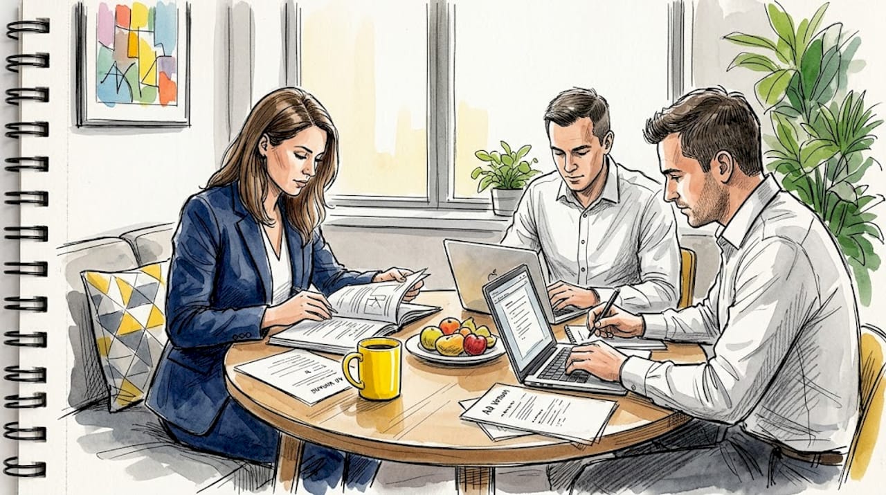 Team reviewing compliance documentation in conference room