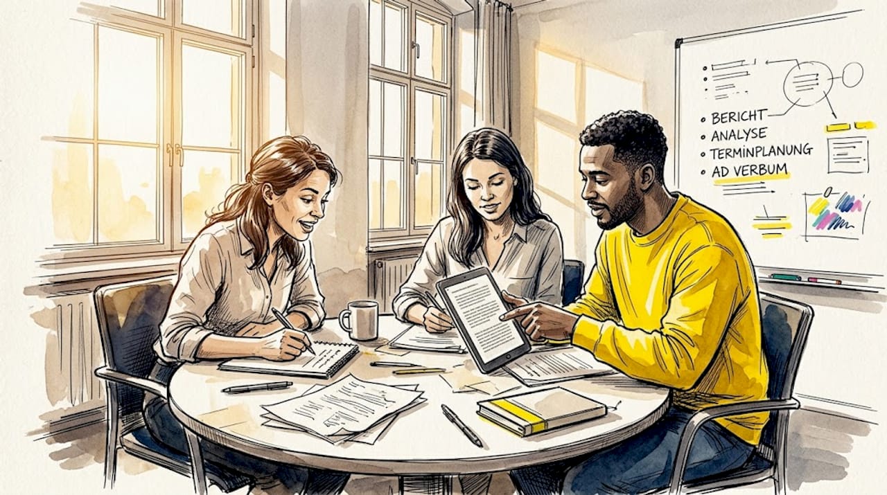 Das Team tauscht sich über die optimale Zusammenarbeit zwischen Mensch und KI bei Übersetzungsprozessen aus.