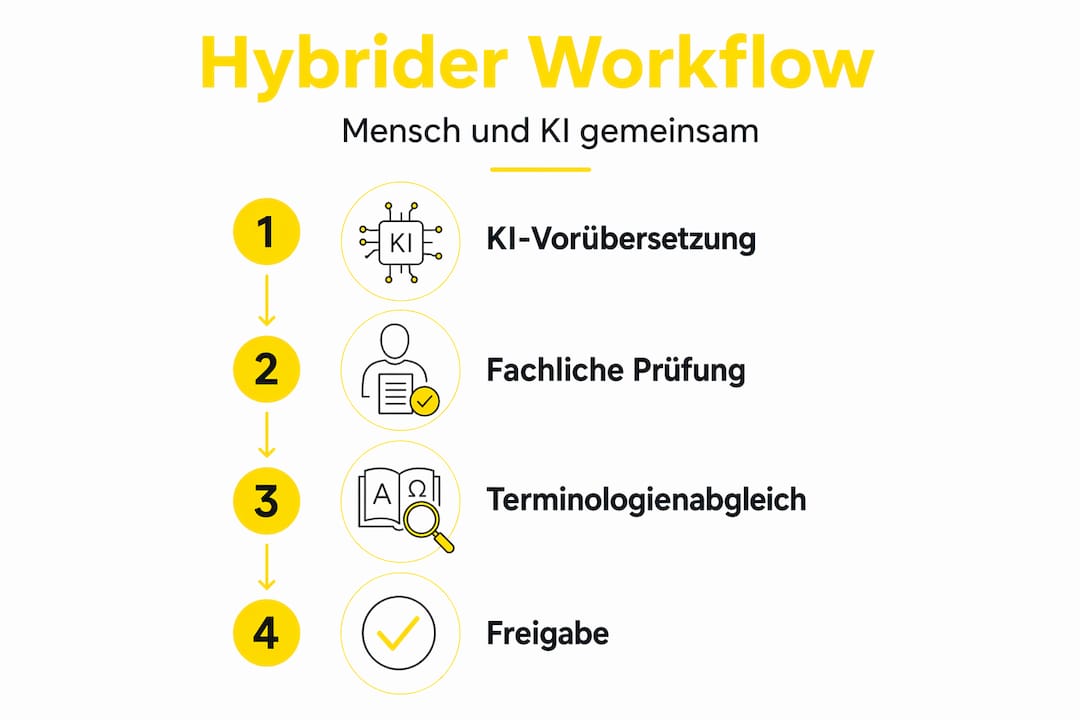 Schritt-für-Schritt-Infografik: So funktioniert ein hybrider Übersetzungsprozess