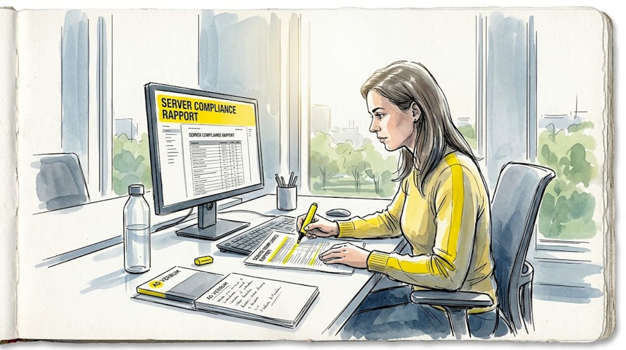 Een IT-specialist controleert aan zijn bureau of de server voldoet aan alle richtlijnen.