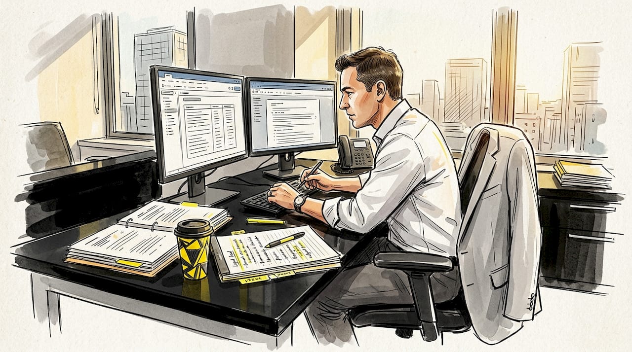 Compliance specialist reviewing translation logs in office