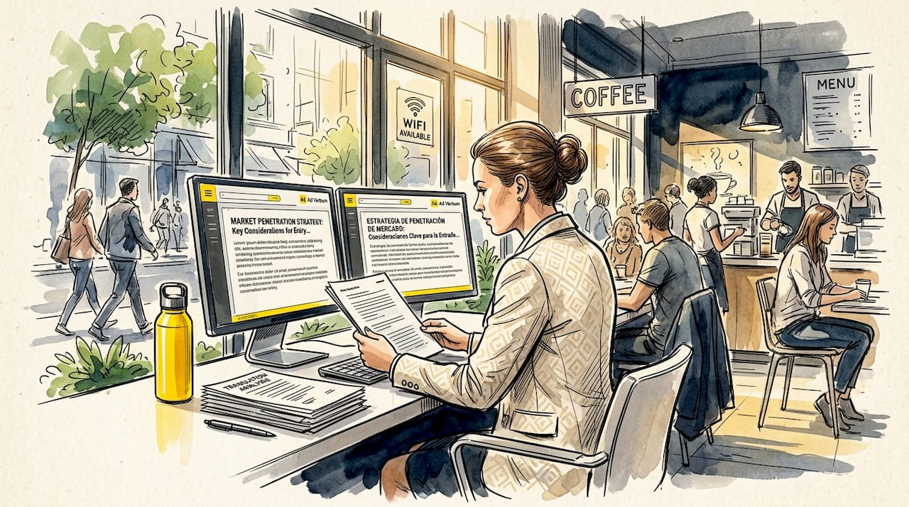 Professional reviewing side-by-side translated documents