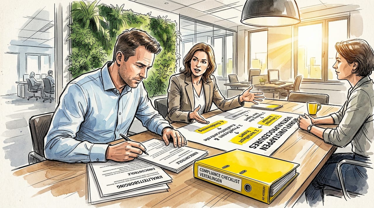 Het team overlegt samen over de checklist voor naleving van vertaalrichtlijnen.