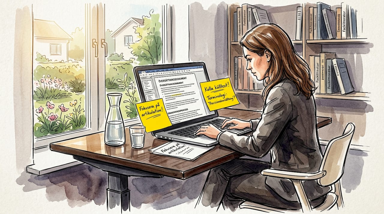 En kvinna sitter vid sitt skrivbord i ett ljust kontor och går noggrant igenom en översättning.