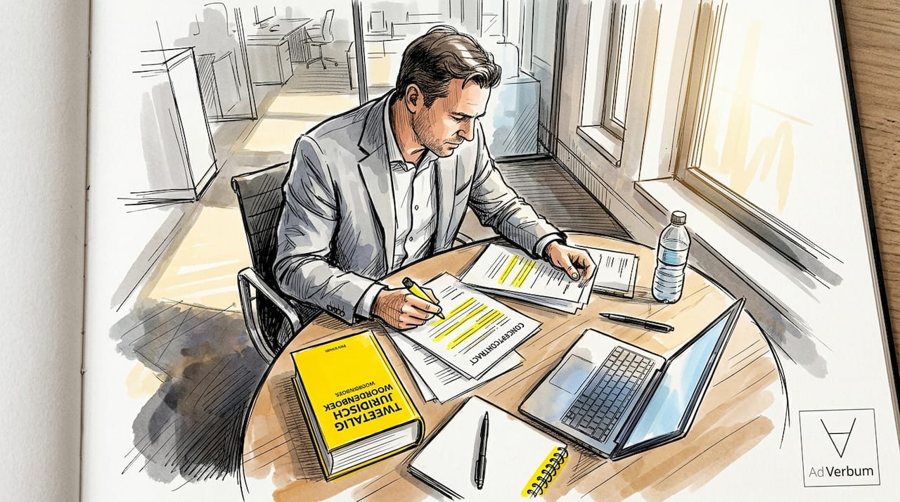 Een juridisch medewerker zit aan zijn bureau en bladert door het woordenboek om iets op te zoeken.