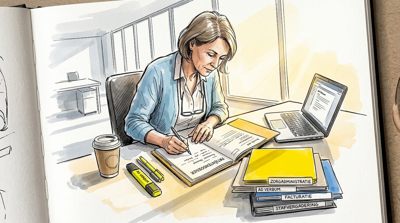 Een medewerker van de zorgadministratie verwerkt patiëntgegevens op kantoor.