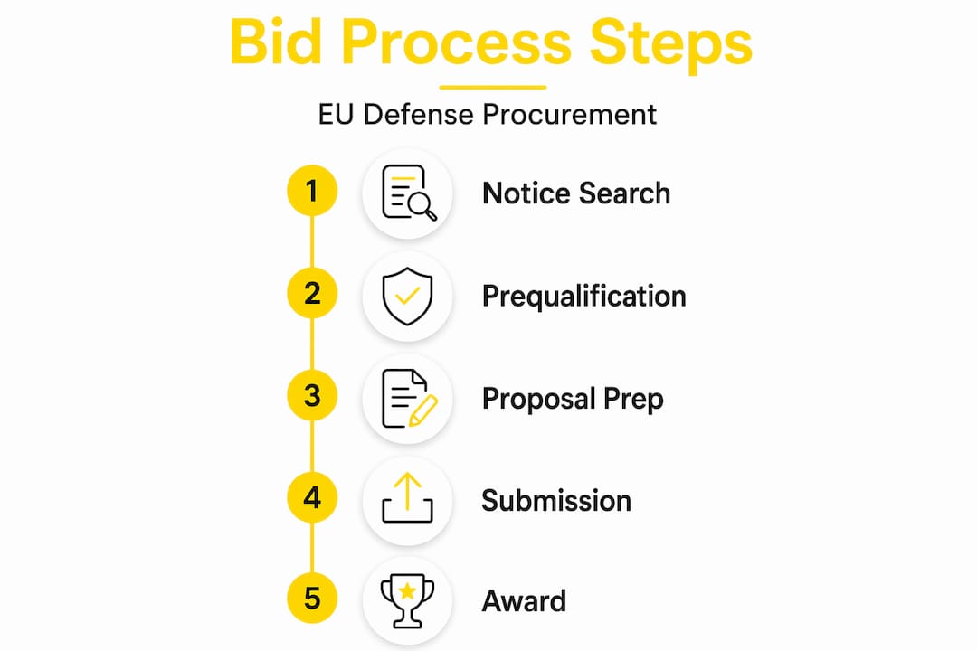 Infographic showing EU defense bid process steps