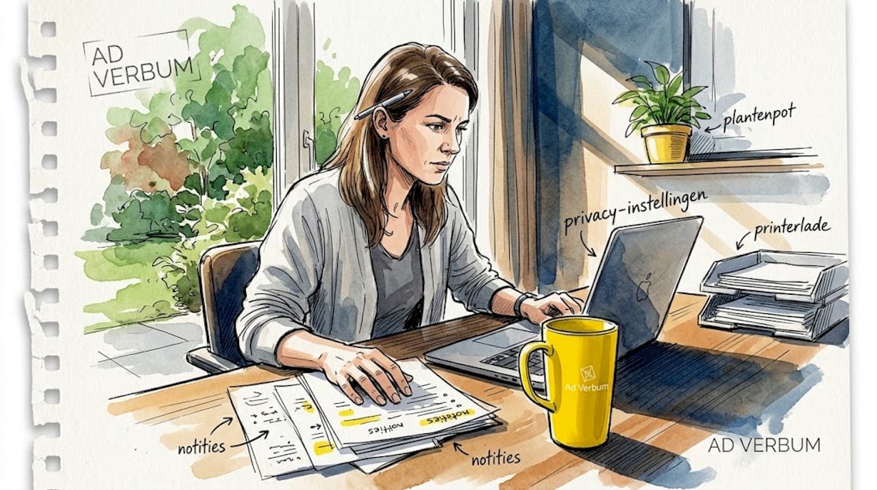 Vrouw kijkt of haar thuiskantoor goed beveiligd is tegen pottenkijkers