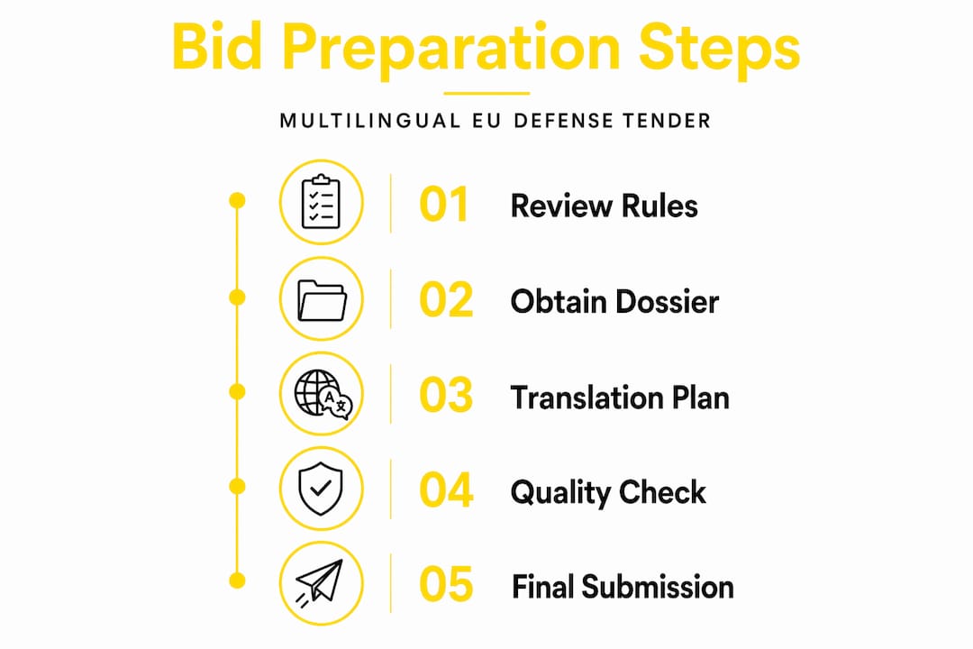 Infographic showing steps in preparing a multilingual EU defense bid