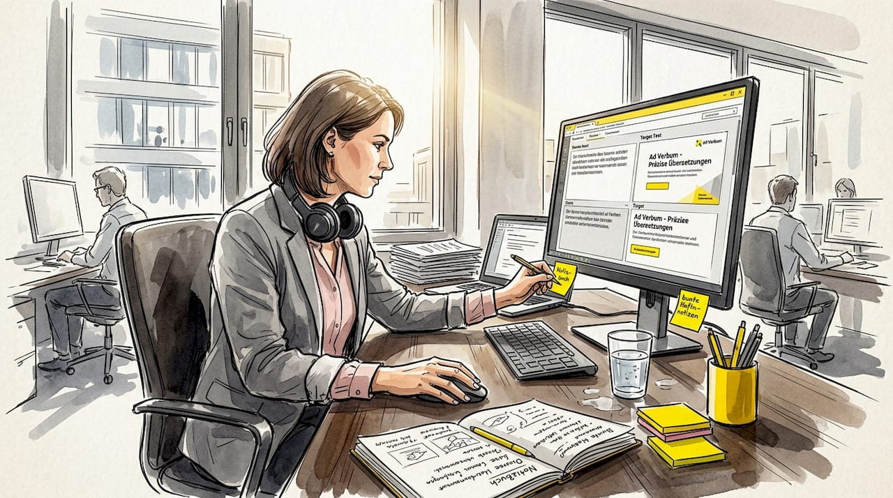Übersetzer arbeitet an seinem Schreibtisch im Großraumbüro