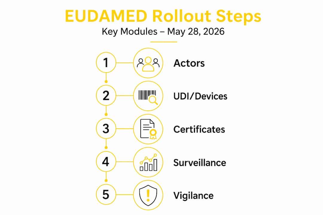 Infographic showing EUDAMED rollout steps and modules