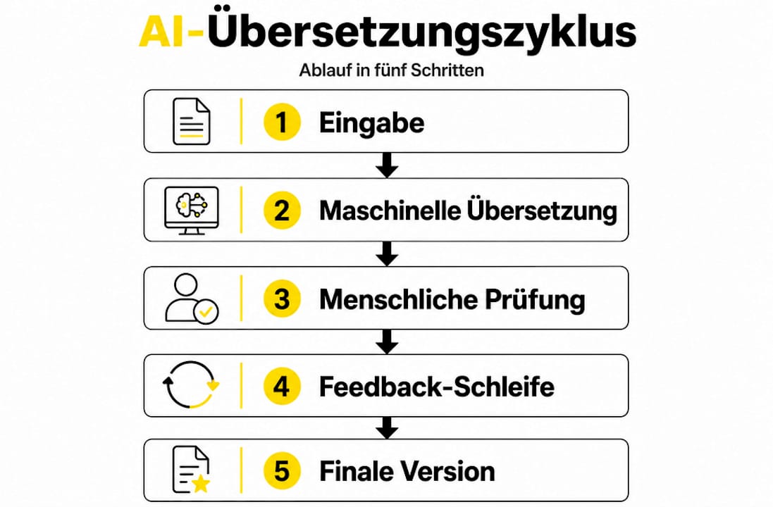 Grafische Übersicht: So läuft ein KI-gestützter Übersetzungsprozess ab