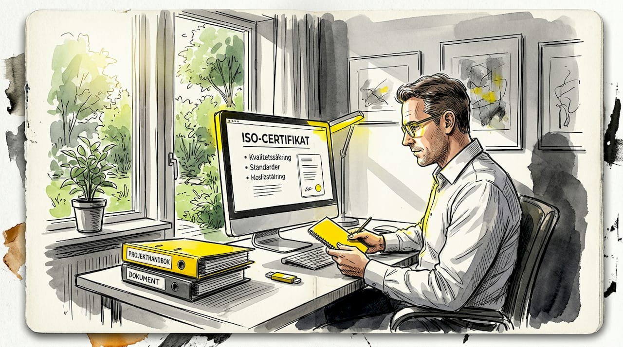 En kontorsanställd sitter vid sitt skrivbord och går igenom certifikat.