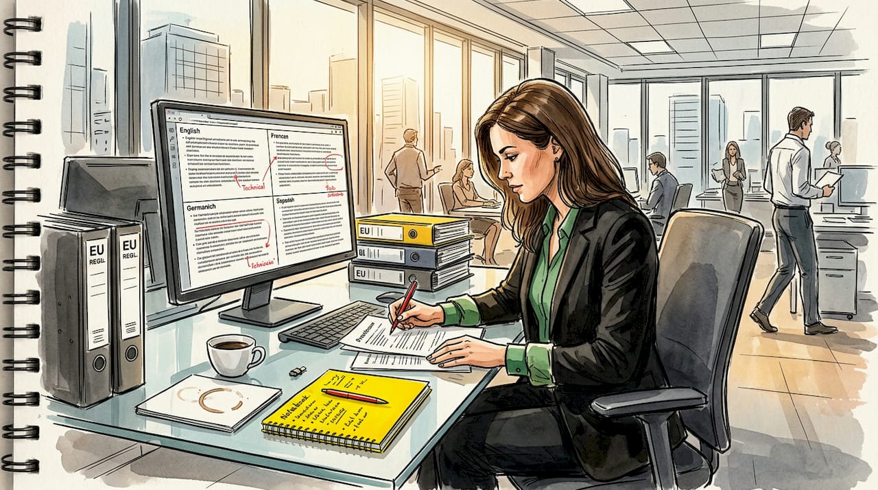 Professional reviewing compliance translations in bright office