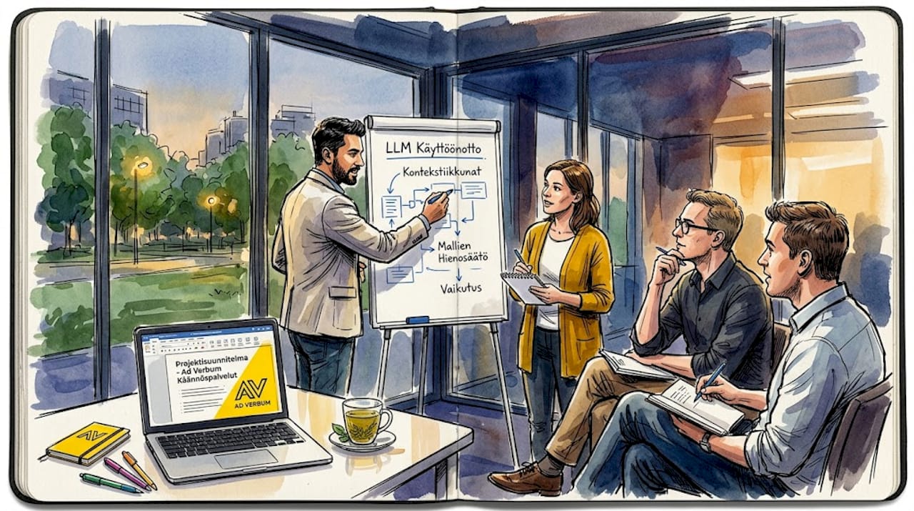Tiimi suunnittelee LLM-strategiaa yhdessä valkotaulun äärellä.