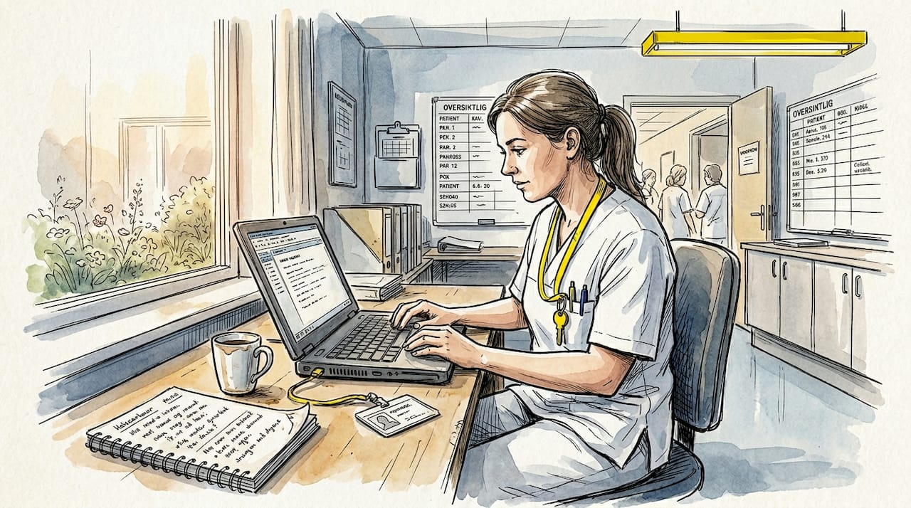 En sykepleier fører inn oppdateringer i pasientjournalen på datamaskinen.