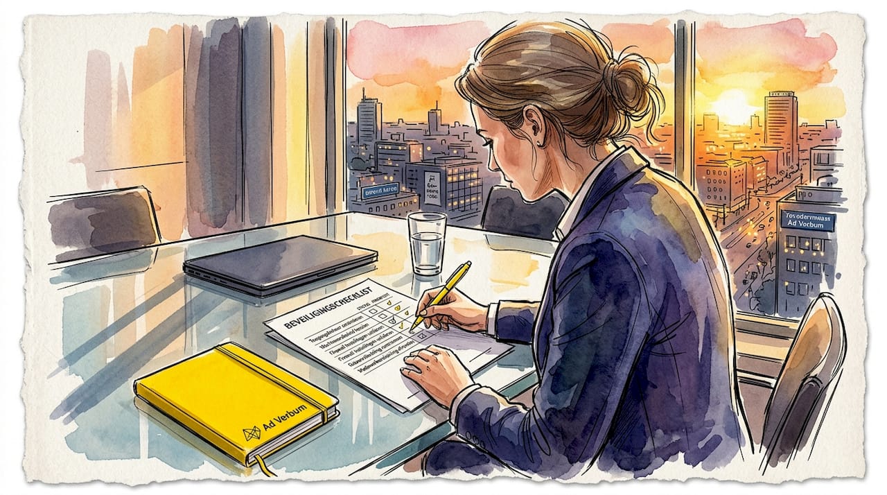 De compliance officer loopt de beveiligingschecklist van het kantoor zorgvuldig na.