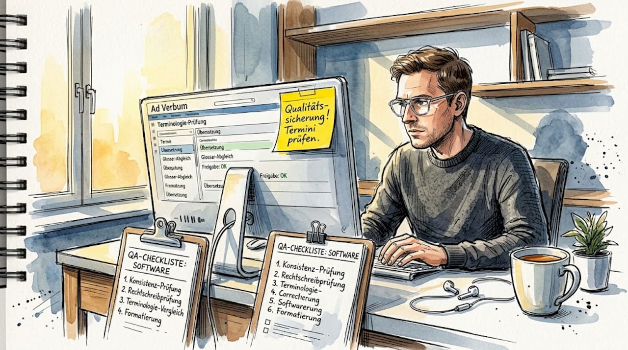 Ein Manager überprüft die Terminologiedatenbank auf mehreren Bildschirmen.