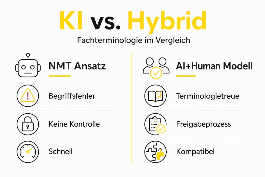 Infografik: KI-gestützte Übersetzungen im Vergleich zum hybriden Ansatz