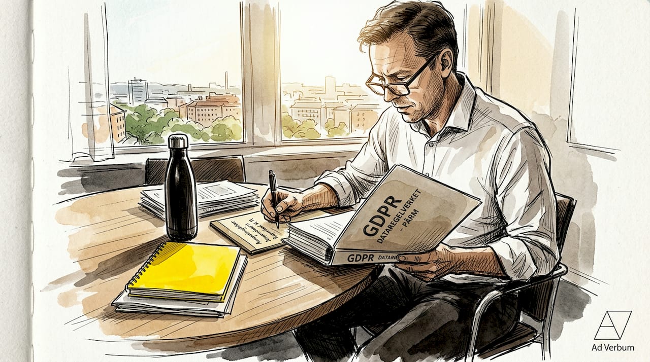 En compliance-ansvarig går noggrant igenom GDPR-relaterade dokument på kontoret.