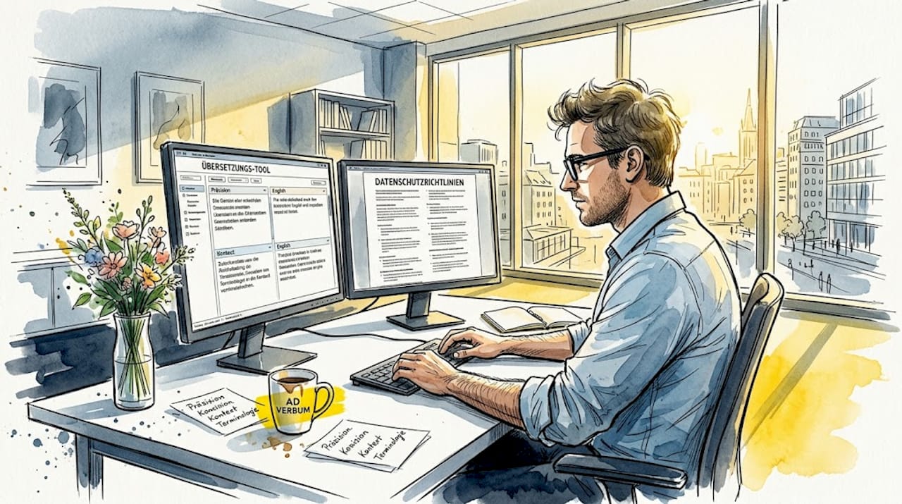Ein erfahrener Übersetzer arbeitet im Büro an der Übertragung von Datenschutzdokumenten.