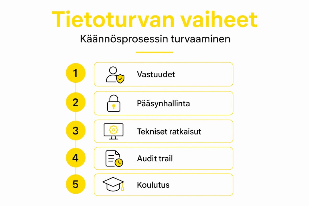 Infografiikka käännösprosessin tietoturvasta