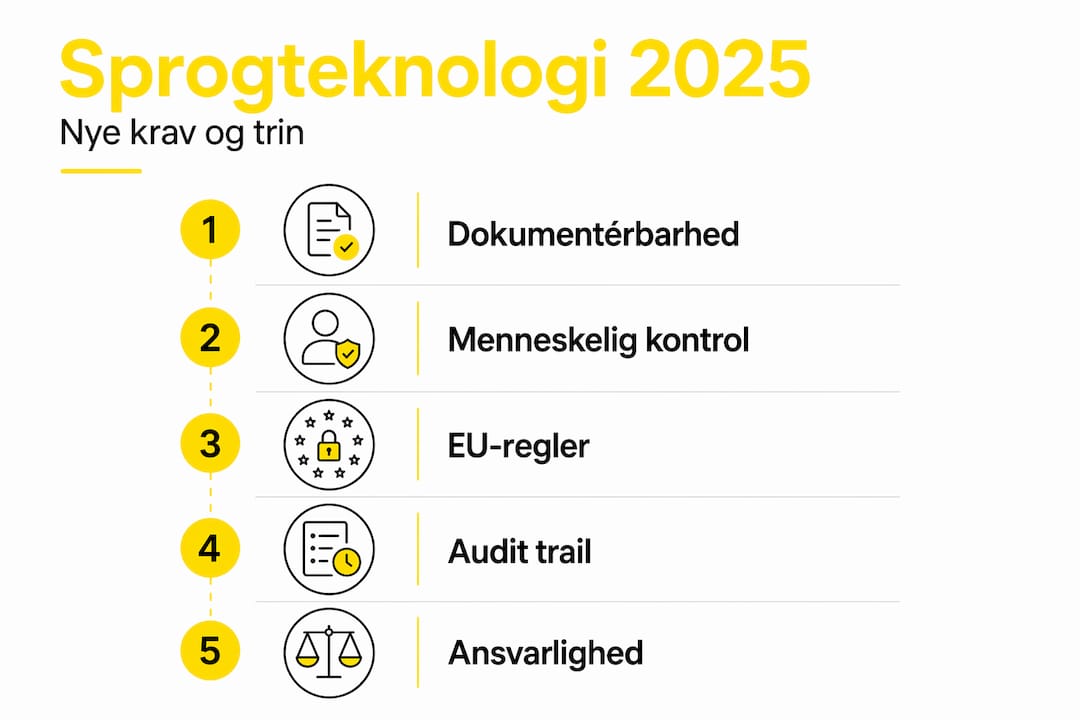 Grafisk oversigt: Sådan opfylder du kravene til sprogteknologi i 2025 – trin for trin