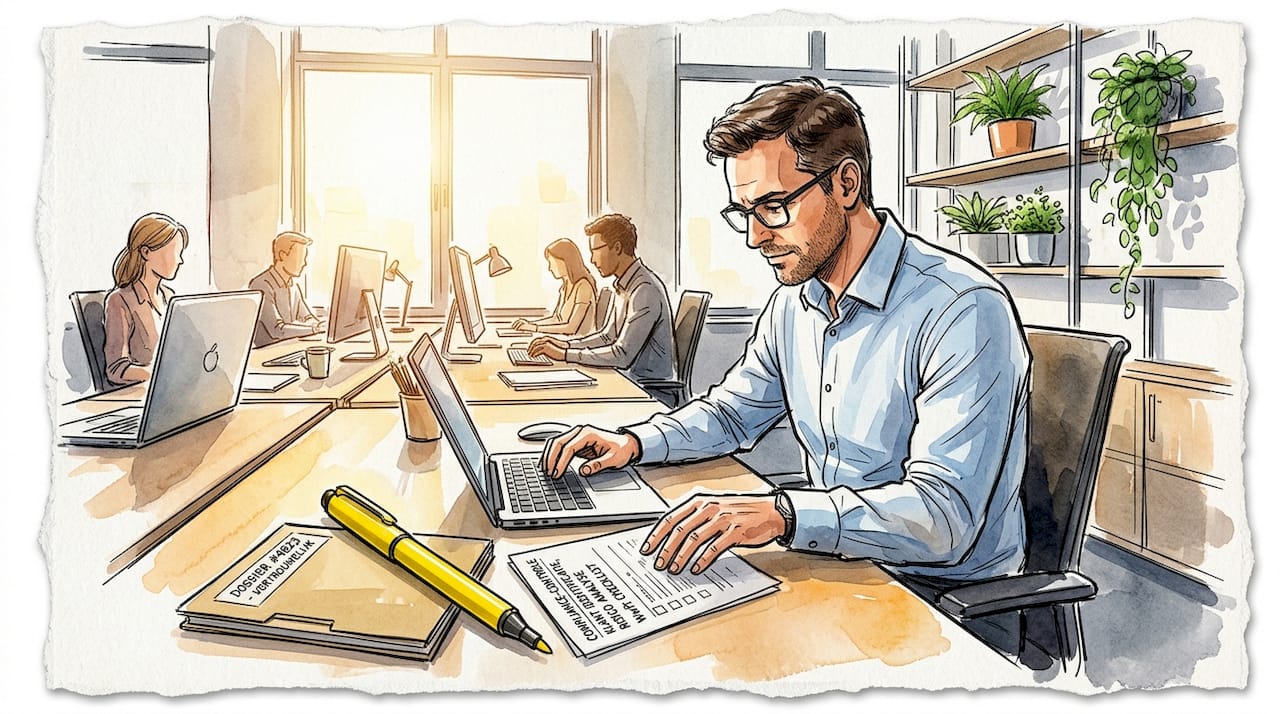 Een professional die op kantoor zorgvuldig nalevingsdocumenten doorneemt.