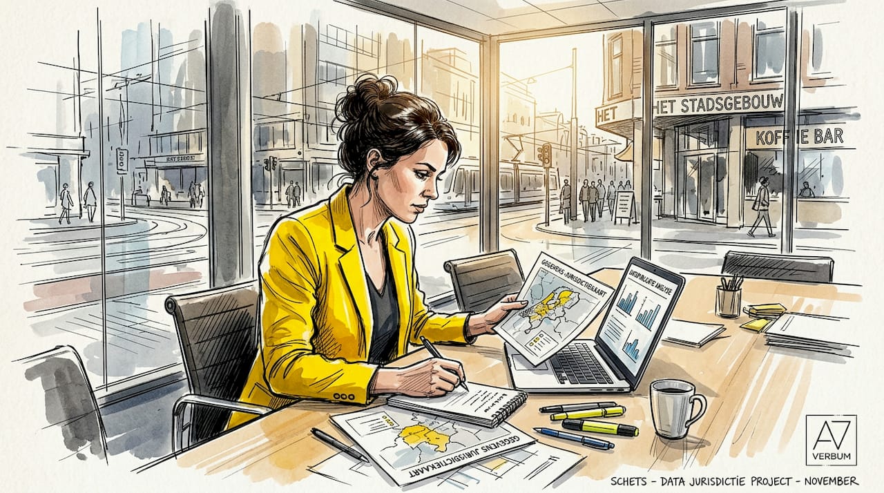 Een vrouw zit in de vergaderruimte en brengt in kaart waar de data precies onder welke jurisdictie valt.