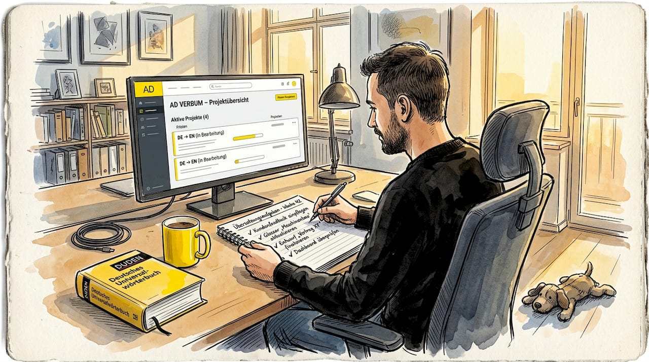 Ein Übersetzer nutzt ein Translation-Management-System, um seine Projekte effizient zu organisieren.