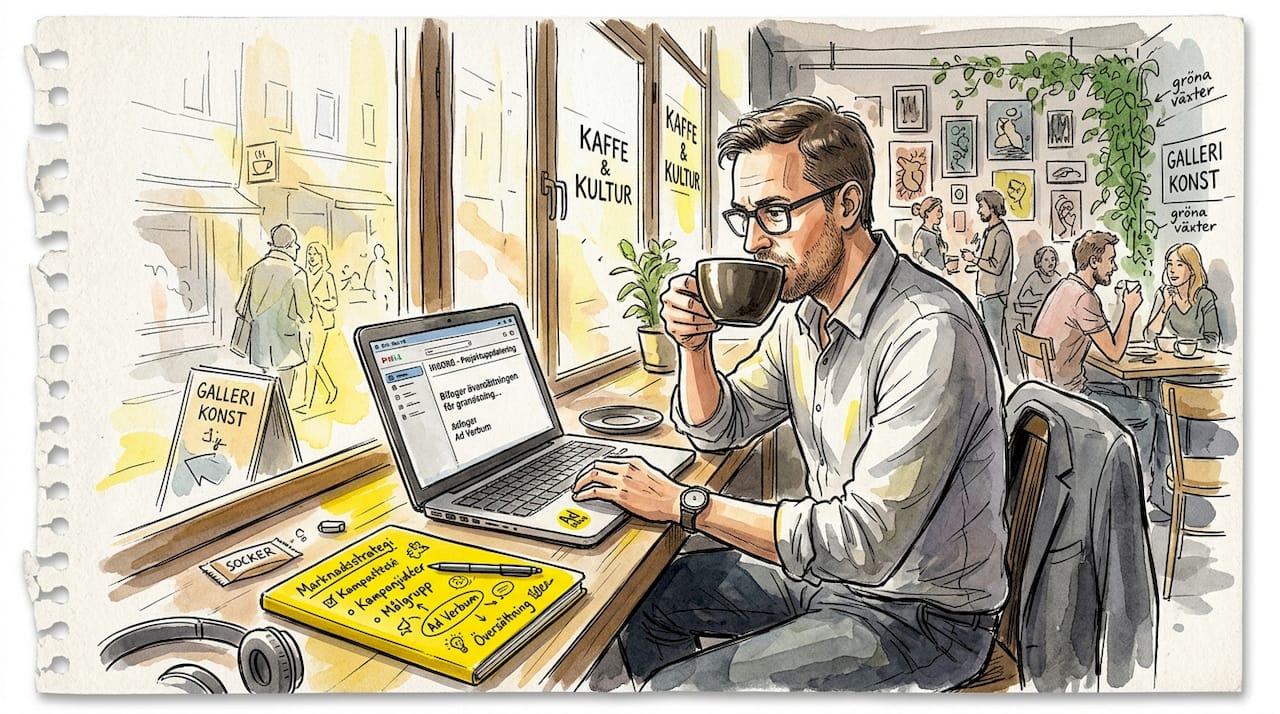 Marknadsförare sitter och jobbar med översättningar vid ett litet cafébord