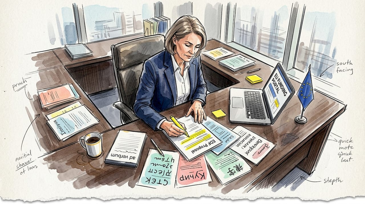Project manager reviewing EDF proposal in corner office