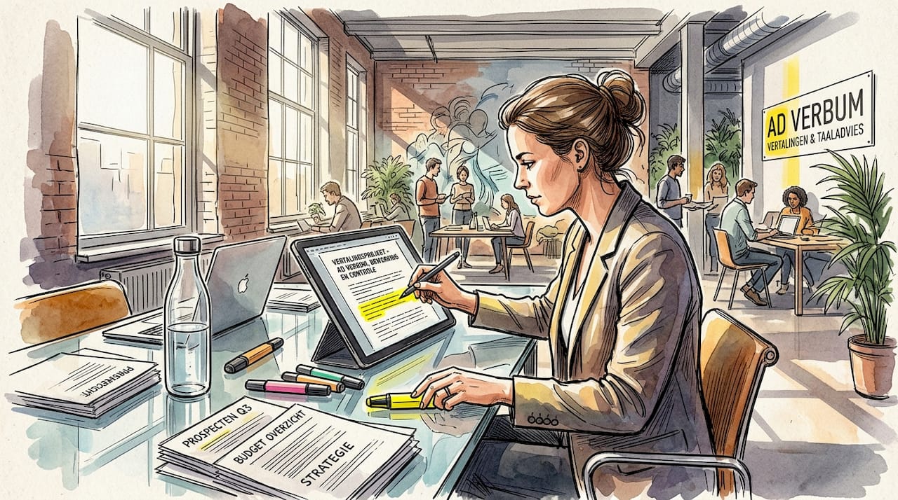 De projectmanager is op kantoor druk bezig met het coördineren van de vertalingen.