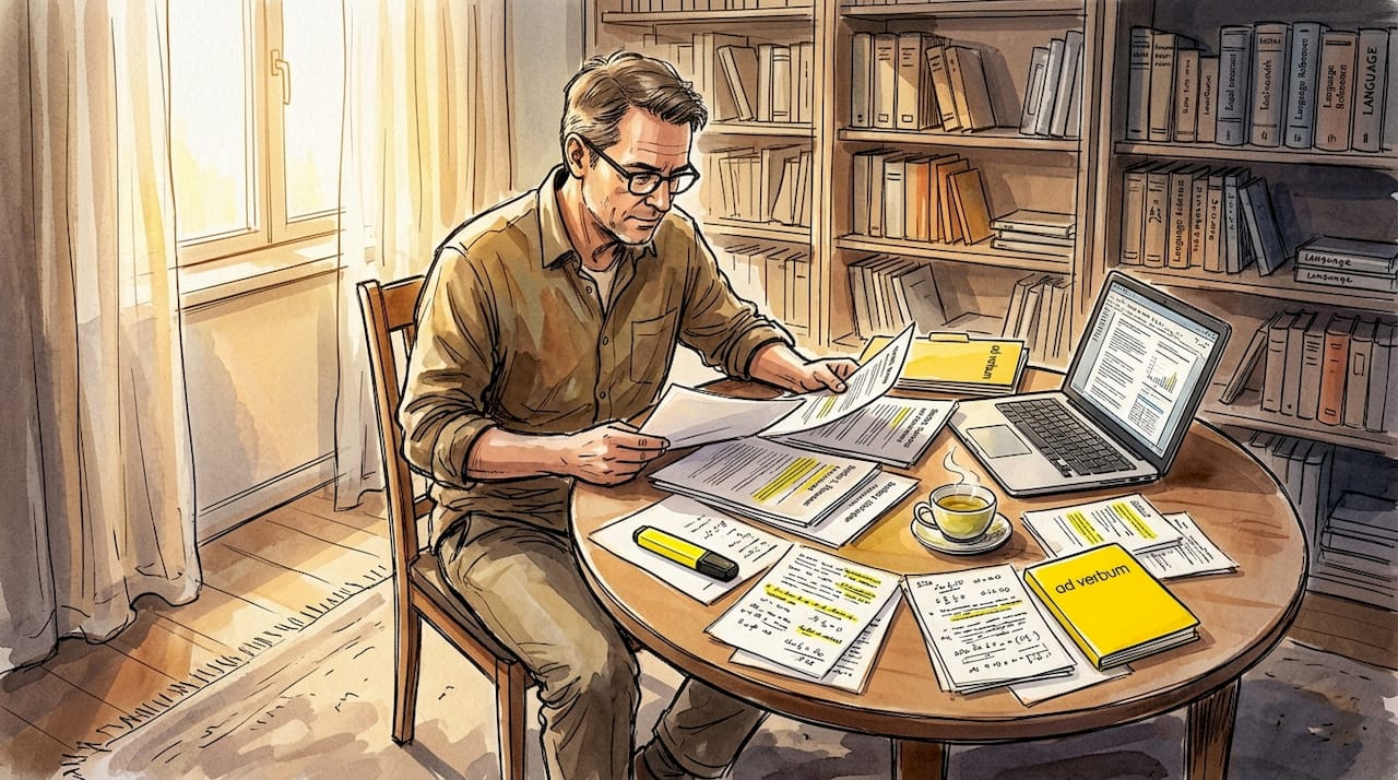 Translator working on SFCR report at office table