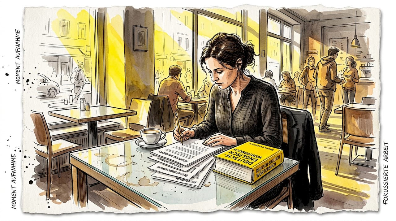 Eine Übersetzerin prüft sorgfältig Unterlagen an ihrem Schreibtisch im Firmenbüro.
