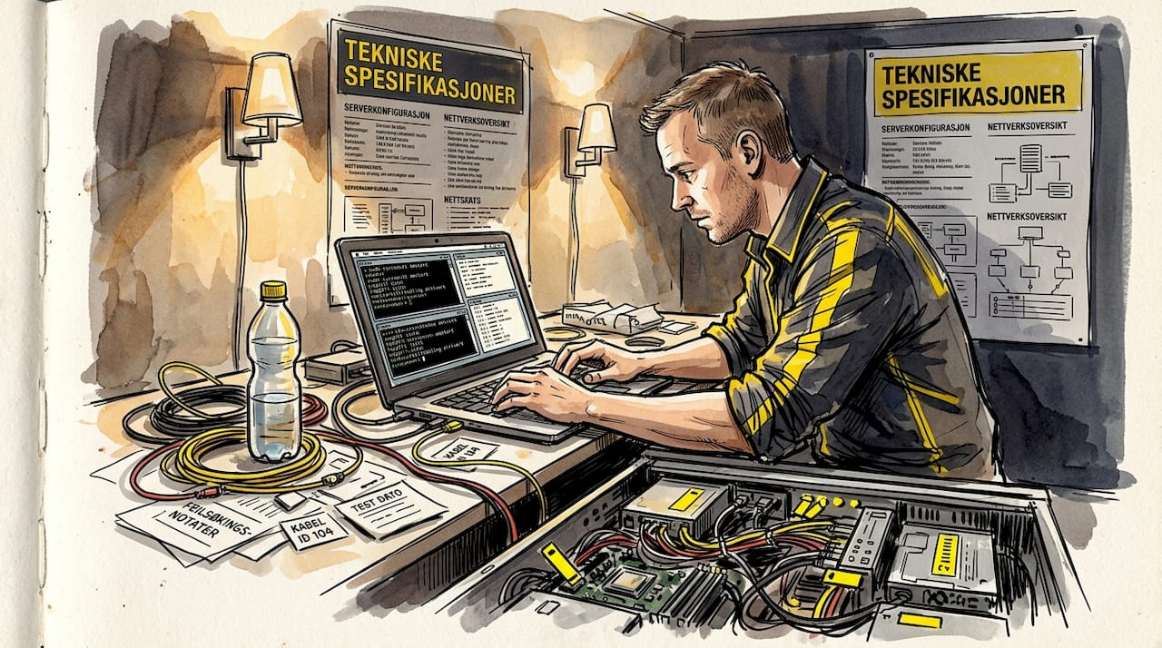 En IT-medarbeider jobber med sikkerhetsrutiner inne på det tekniske rommet.