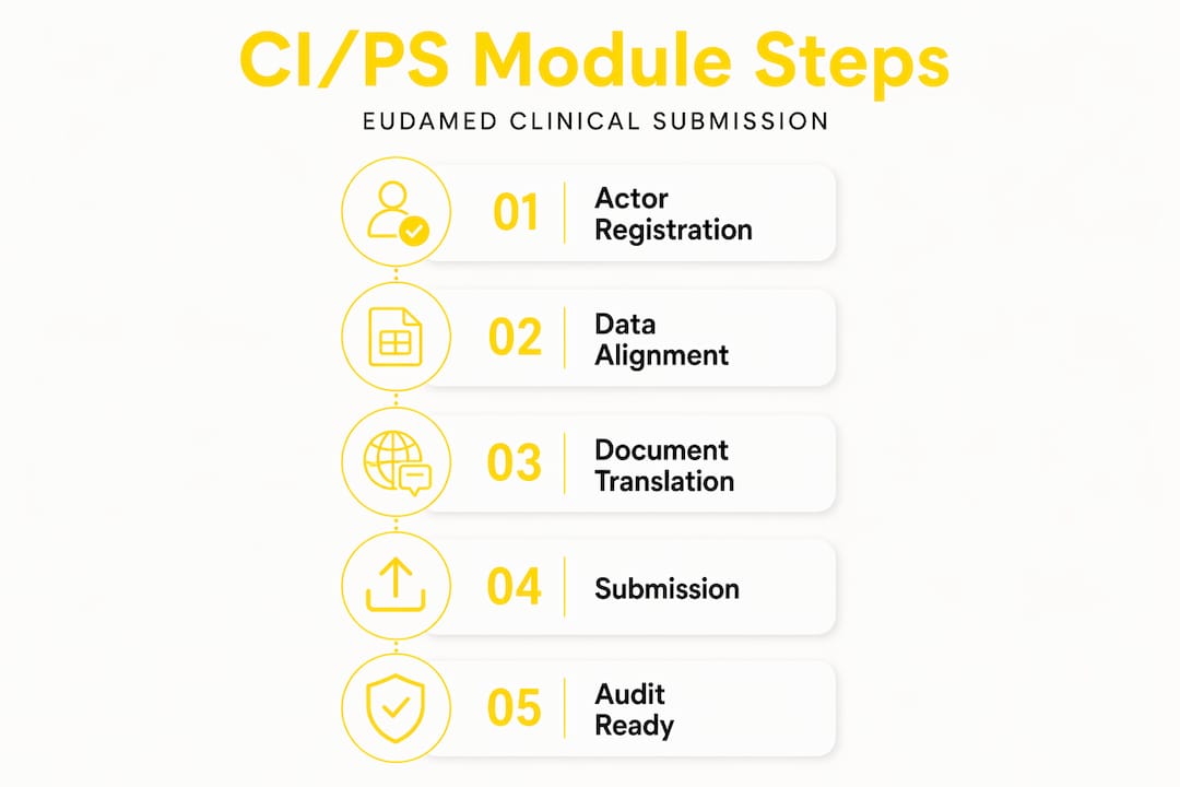 Infographic showing five steps of EUDAMED submission process