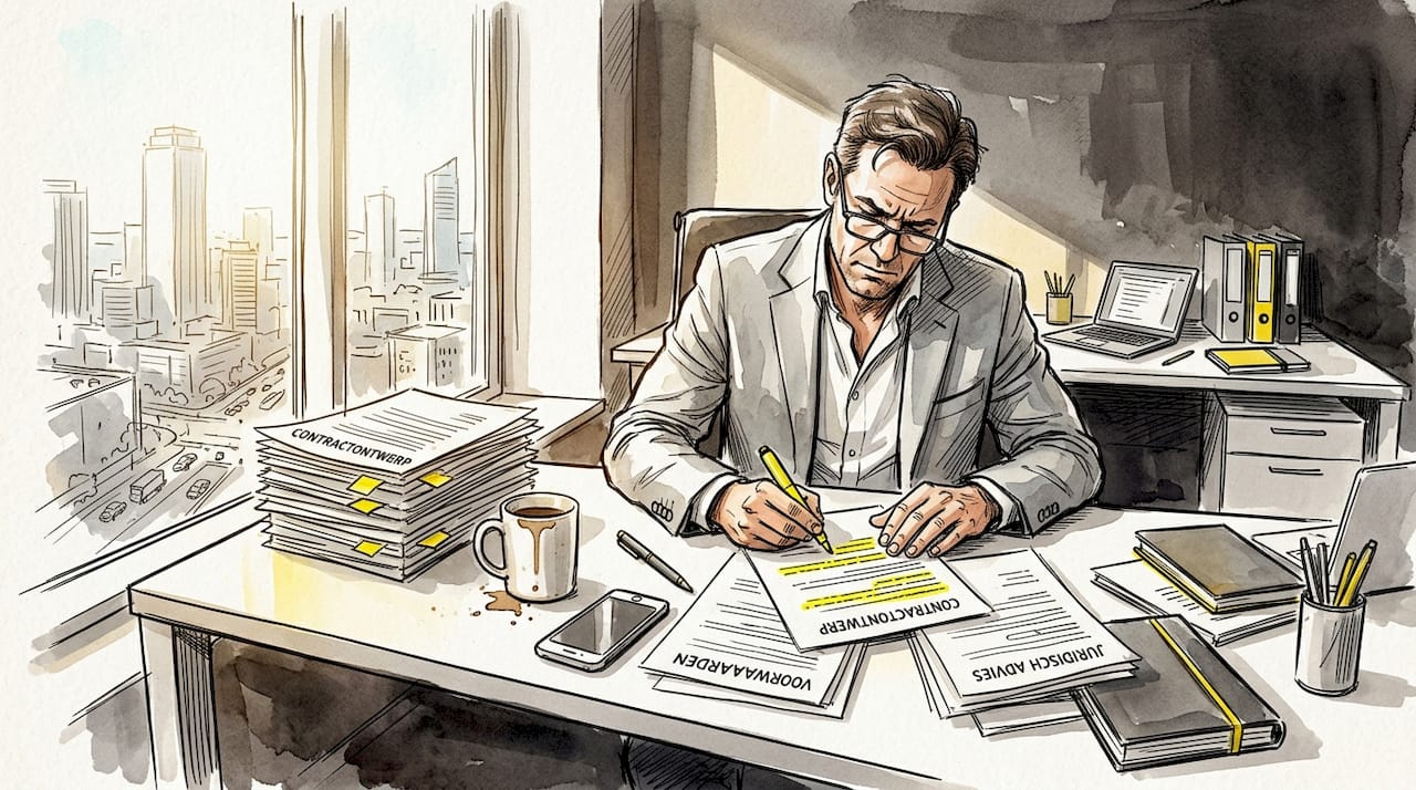 Op kantoor buigt een jurist zich over het opstellen en controleren van contracten.