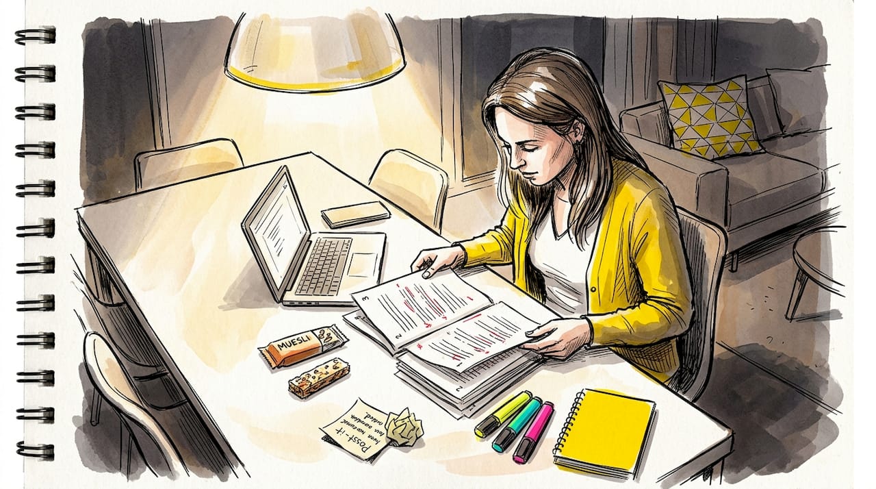 Een compliance manager neemt thuis juridische stukken door